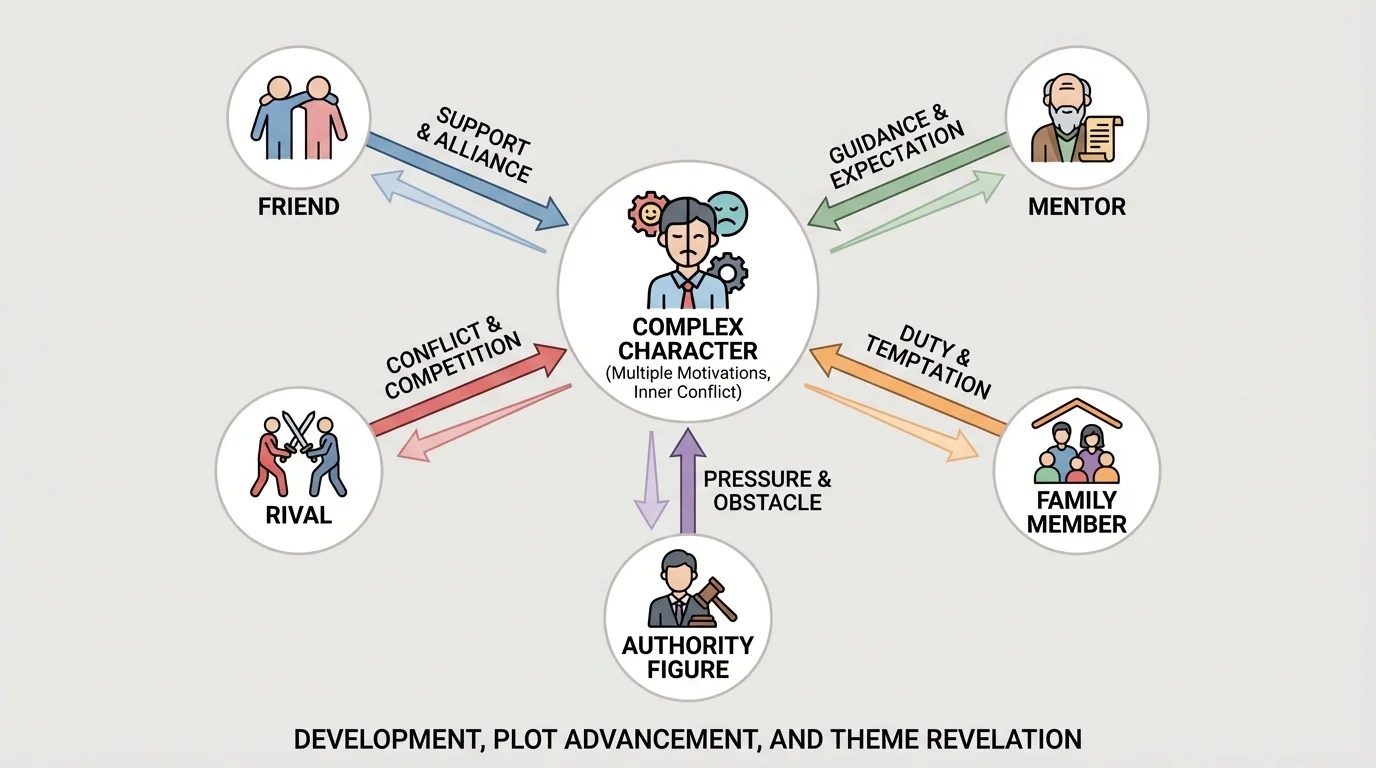 diagram with one central character connected to friend, rival, mentor, family member, and authority figure, each arrow labeled with pressures such as support, temptation, conflict, or expectation