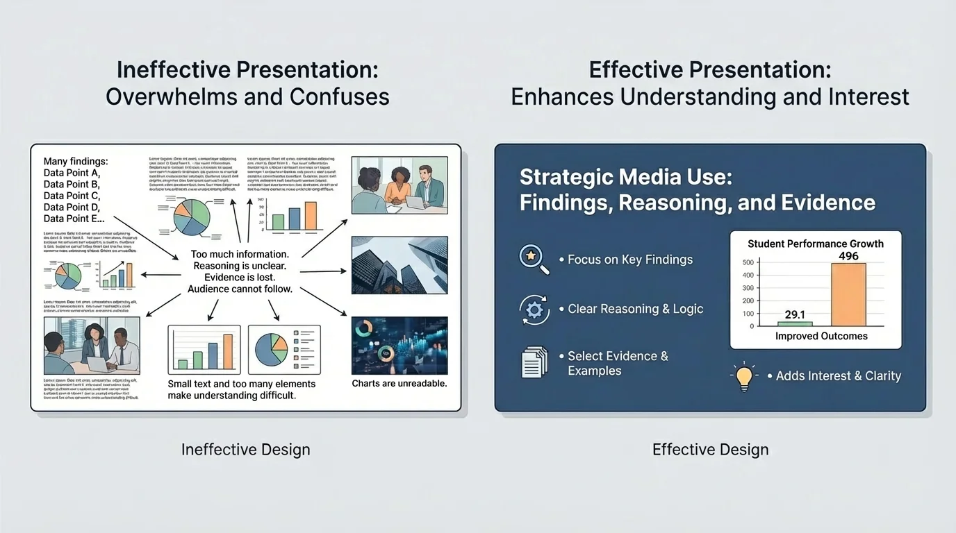 side-by-side presentation slides, one overcrowded with tiny text and many images, the other clean with clear title, short bullets, one chart, and strong contrast