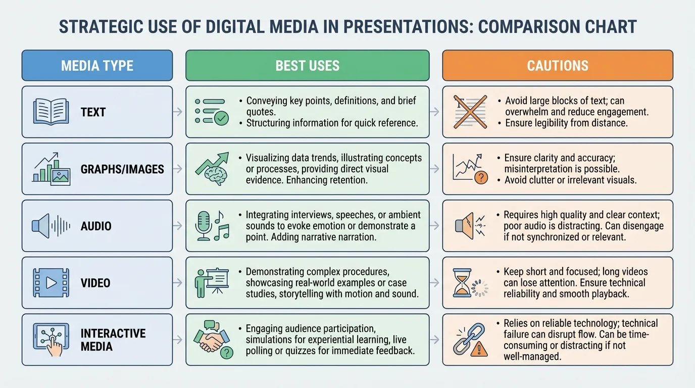 comparison chart of text, graphs/images, audio, video, and interactive media with columns for best uses and cautions