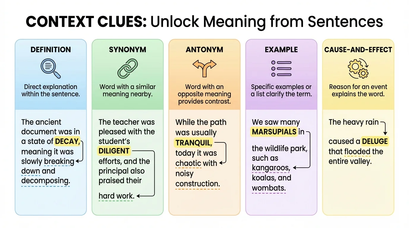 Chart showing definition, synonym, antonym, example, and cause-and-effect context clues with one sentence example each