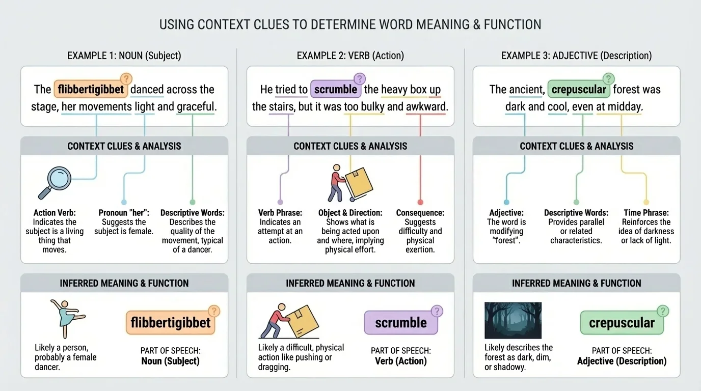 Diagram of sample sentences with unknown words highlighted and labeled by part of speech based on position and grammar