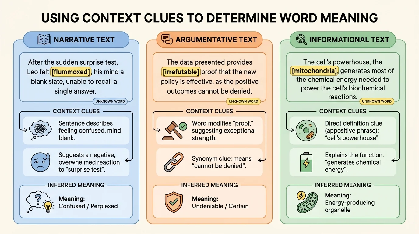 Chart comparing narrative, argumentative, and informational texts, with a highlighted unknown word interpreted through surrounding context