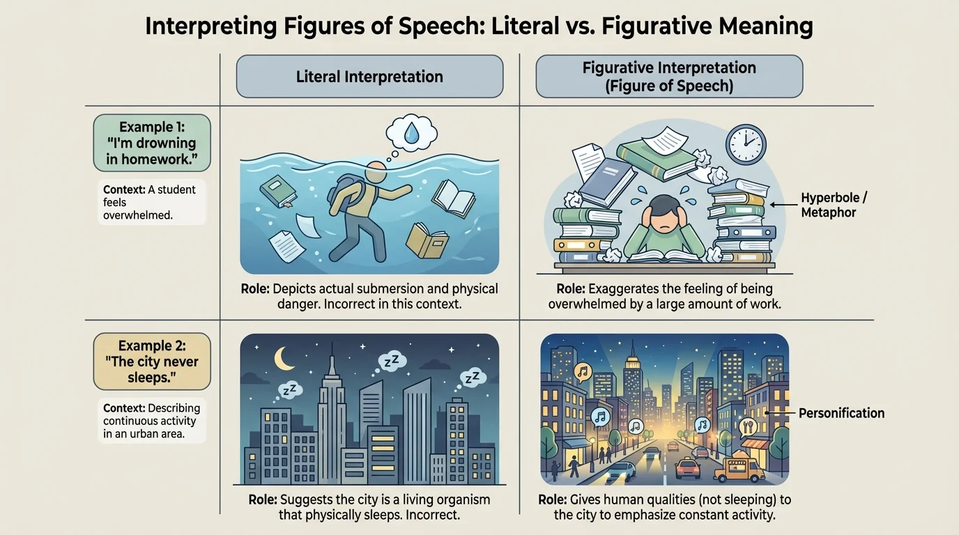 comparison chart showing a phrase interpreted literally versus figuratively, with short context clues around each example such as "I'm drowning in homework" and "The city never sleeps"