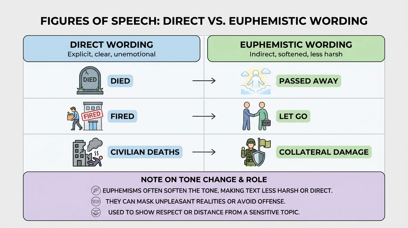 chart of direct wording versus euphemistic wording with examples such as died/passed away, fired/let go, civilian deaths/collateral damage, and a short note on tone change