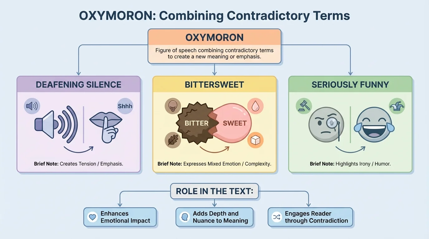 labeled diagram showing oxymoron examples such as deafening silence, bittersweet, and seriously funny, with brief notes like tension, mixed emotion, and irony