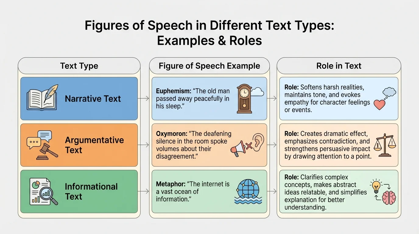 comparison chart of narrative, argumentative, and informational texts showing one figure of speech example and its role in each text type