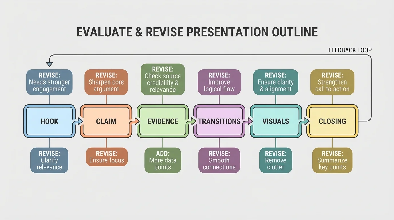diagram of a presentation outline with labeled revision points for hook, claim, evidence, transitions, visuals, and closing