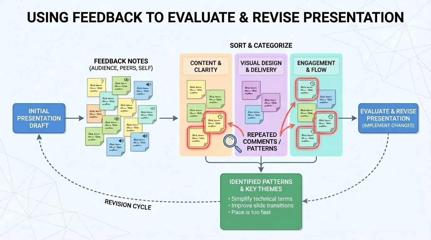 flowchart showing feedback notes being sorted into categories and repeated comments highlighted as patterns