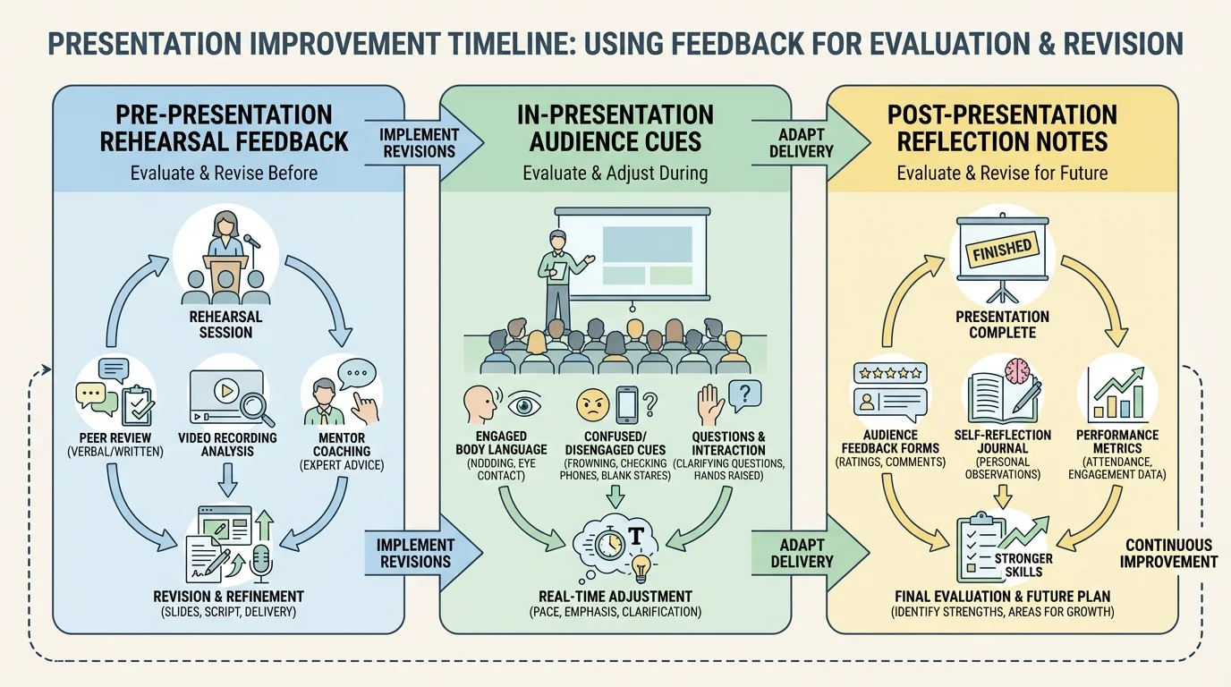 timeline showing pre-presentation rehearsal feedback, in-presentation audience cues, and post-presentation reflection notes