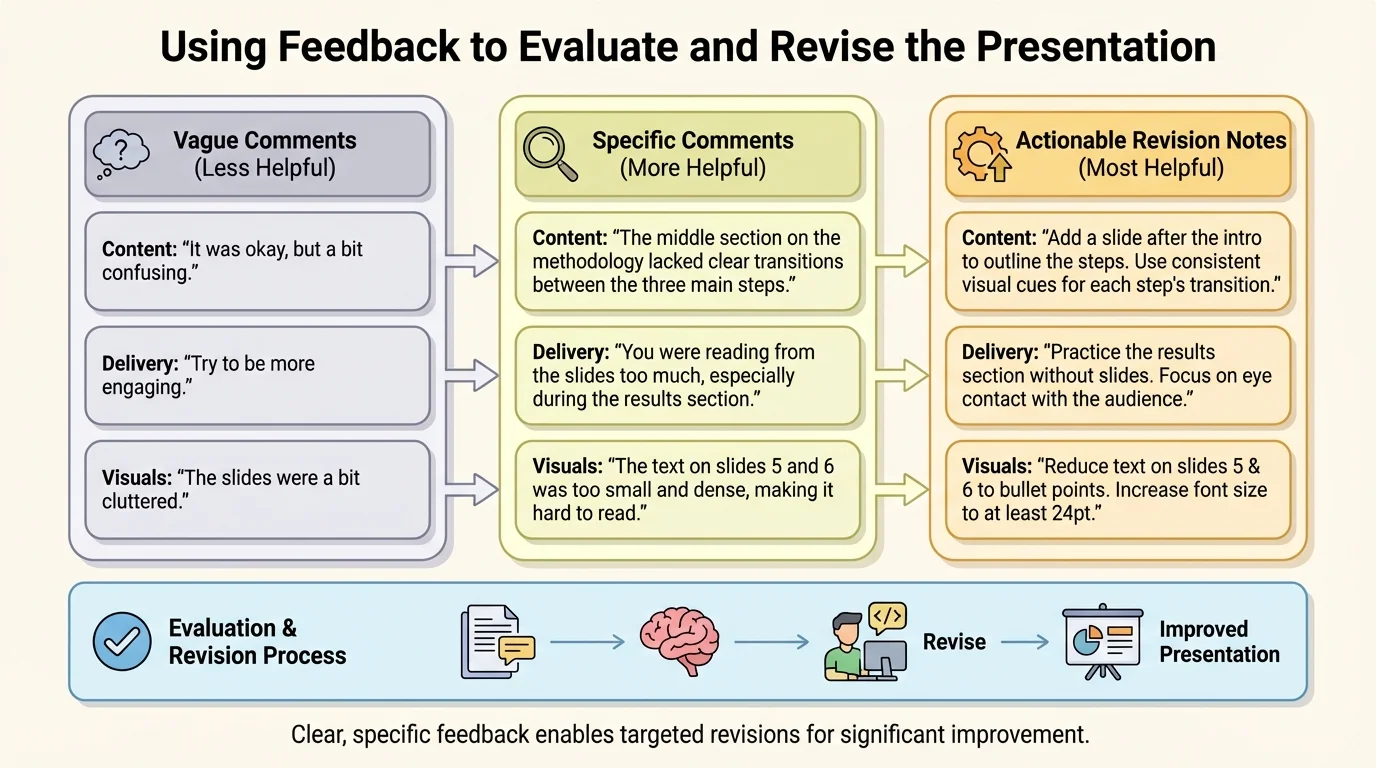 chart comparing vague comments, specific comments, and actionable revision notes for a student presentation