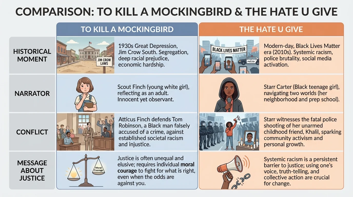 chart comparing To Kill a Mockingbird and The Hate U Give by historical moment, narrator, conflict, and message about justice