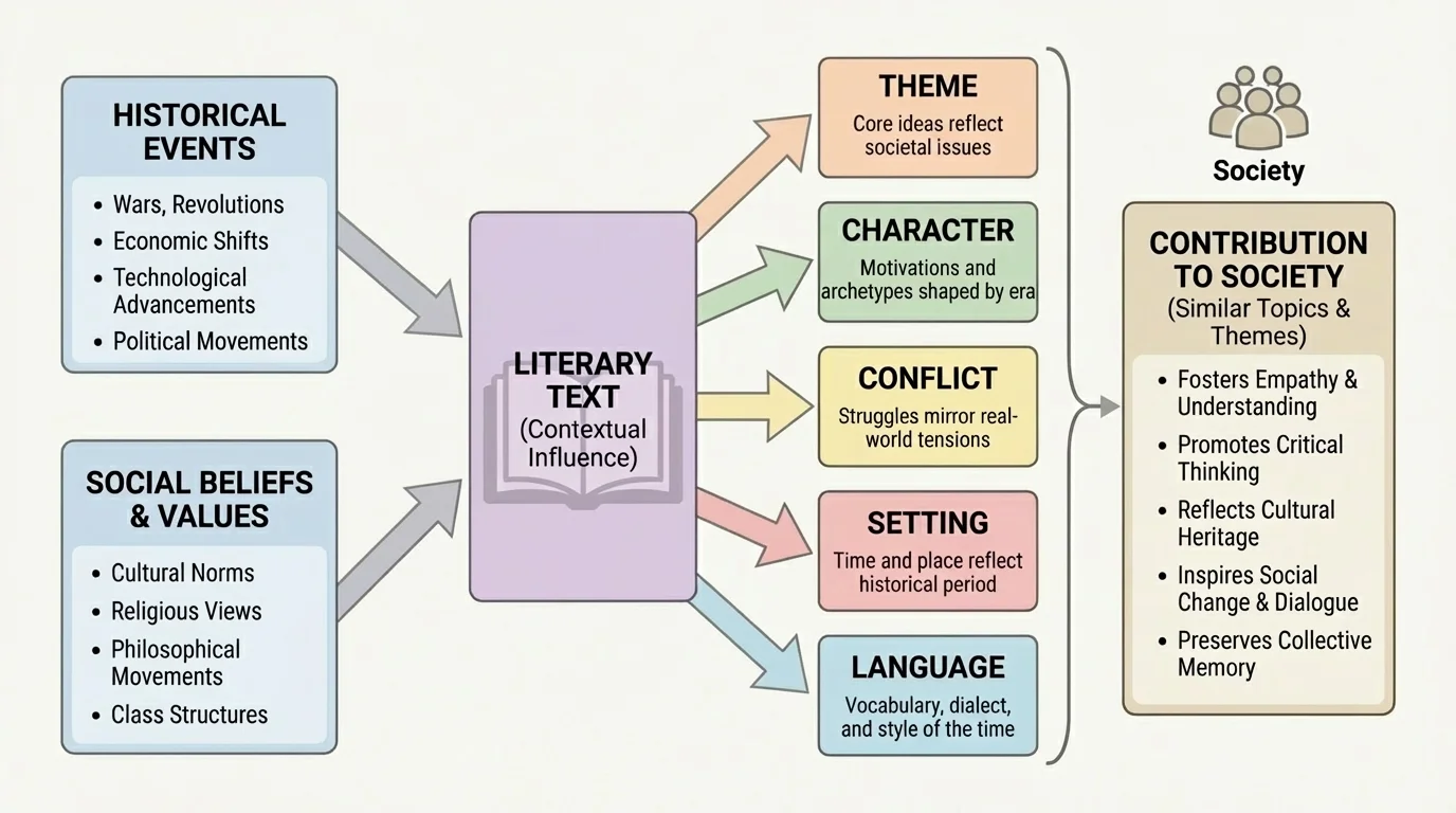 flowchart showing historical events and social beliefs influencing theme, character, conflict, setting, and language in a literary text