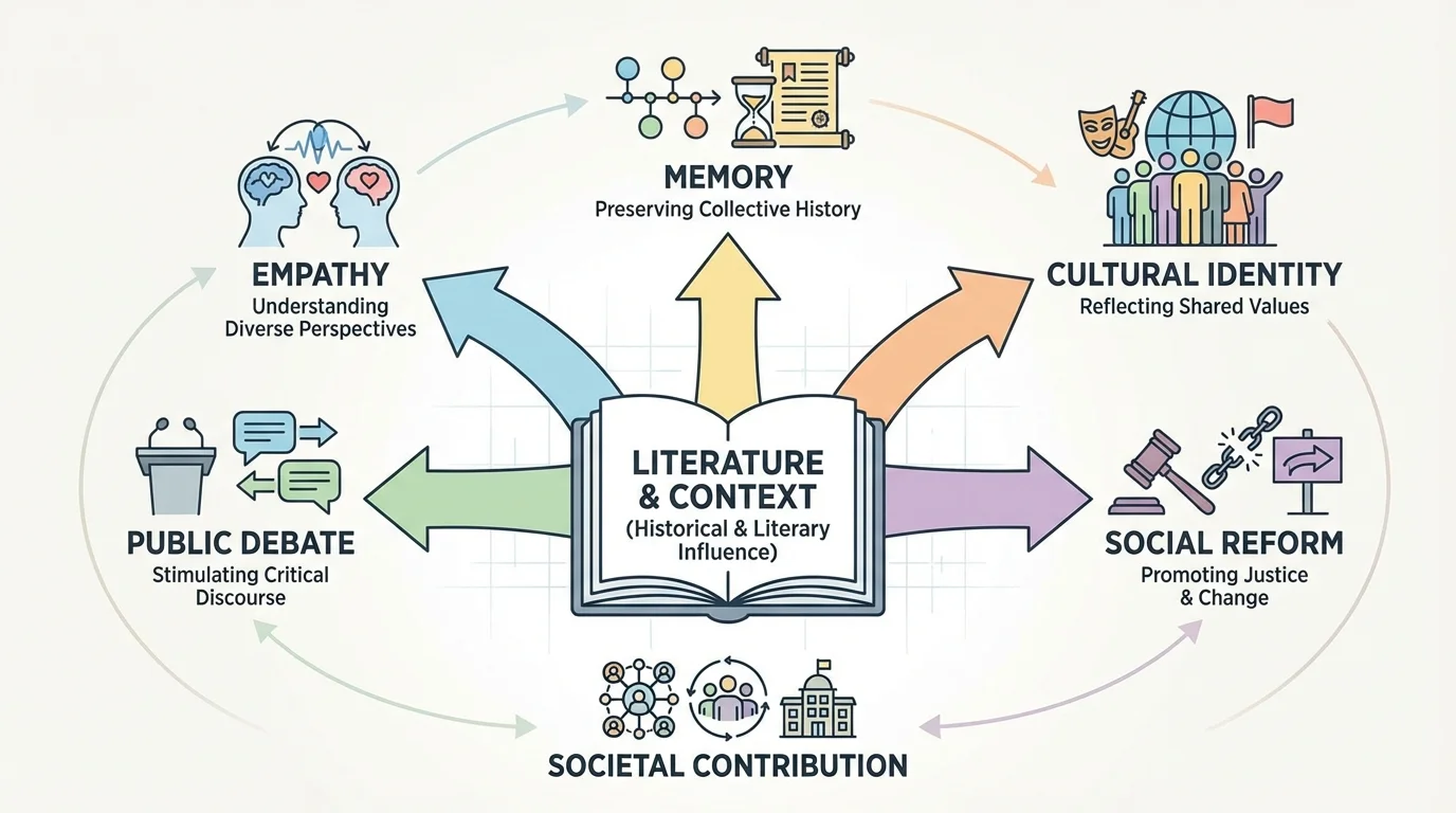diagram showing literature contributing to empathy, public debate, memory, cultural identity, and social reform