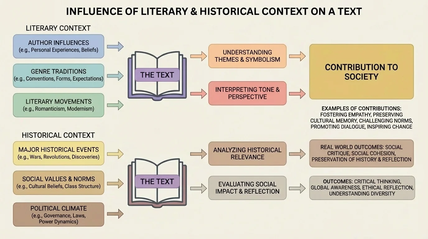 chart comparing literary context and historical context, including author influences, genre traditions, major historical events, and social values