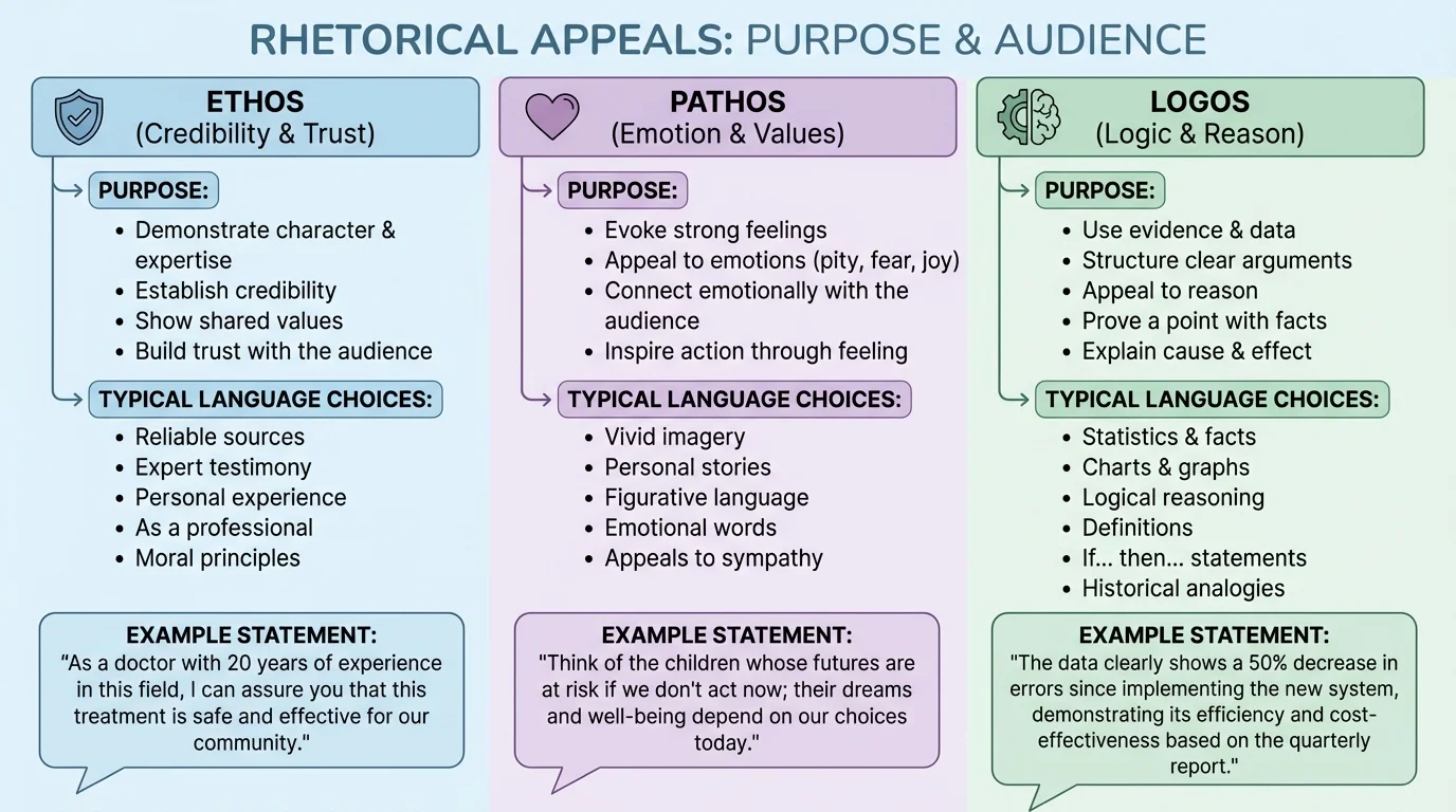 three-column chart defining ethos, pathos, and logos with typical language choices and example statements