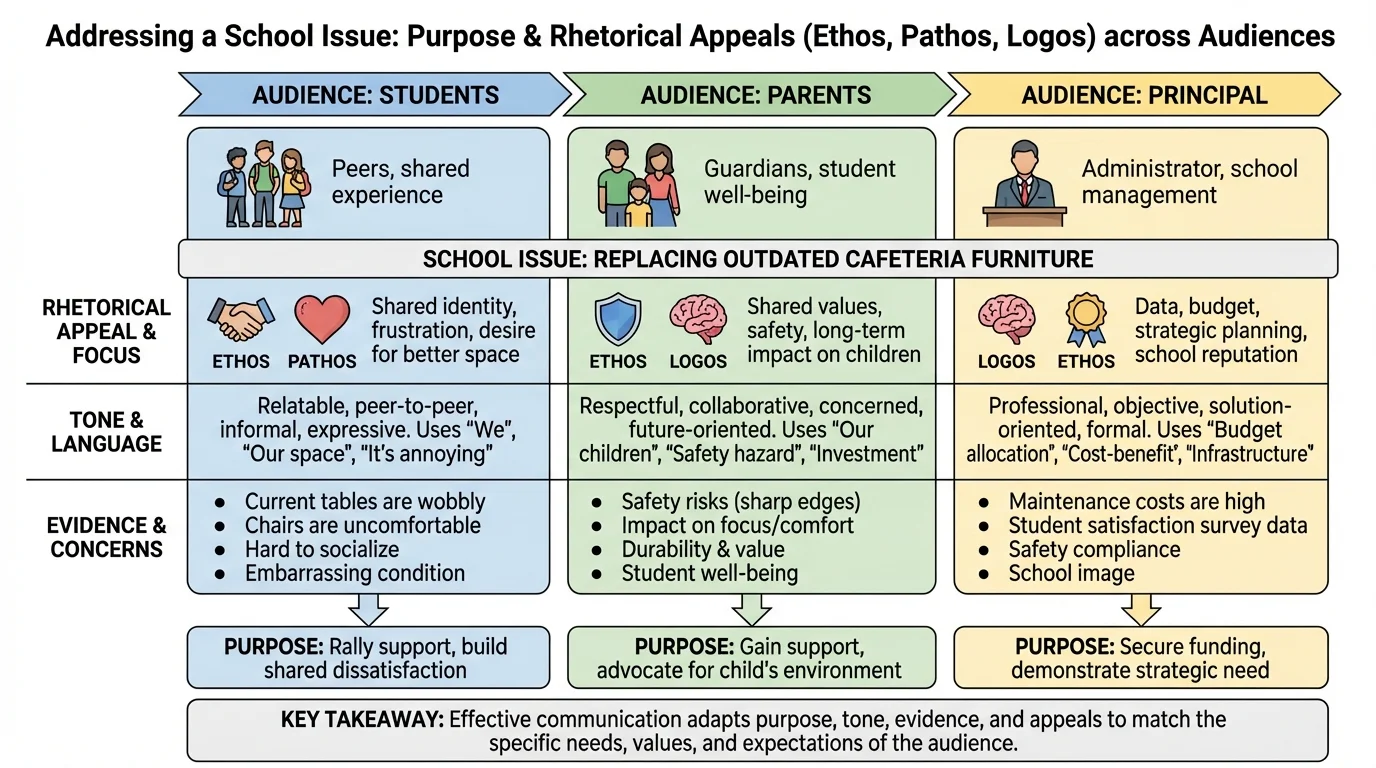 chart comparing the same school issue addressed to students, parents, and principal with differences in tone, evidence, and concerns