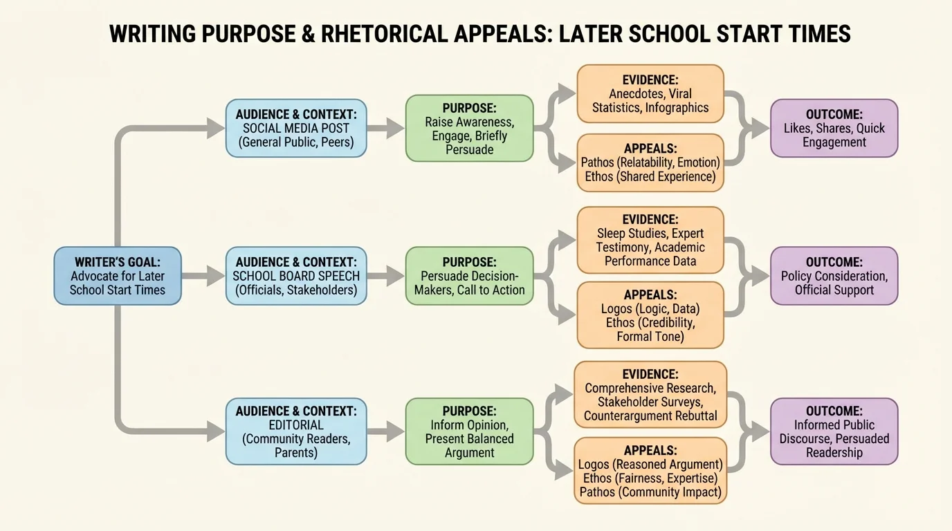 flowchart showing a writer choosing different evidence and appeals for a social media post, school board speech, and editorial about later school start times