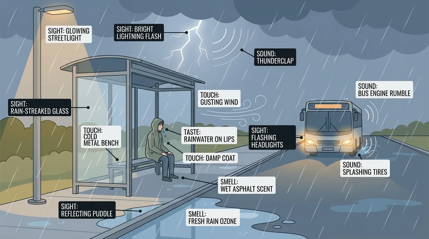 A stormy bus stop scene labeled with sensory details for sight, sound, touch, smell, and taste from the same moment