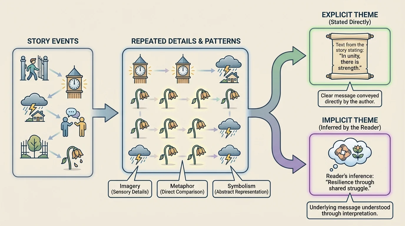 Story events leading to repeated details and patterns, then branching into explicit theme stated directly and implicit theme inferred by the reader