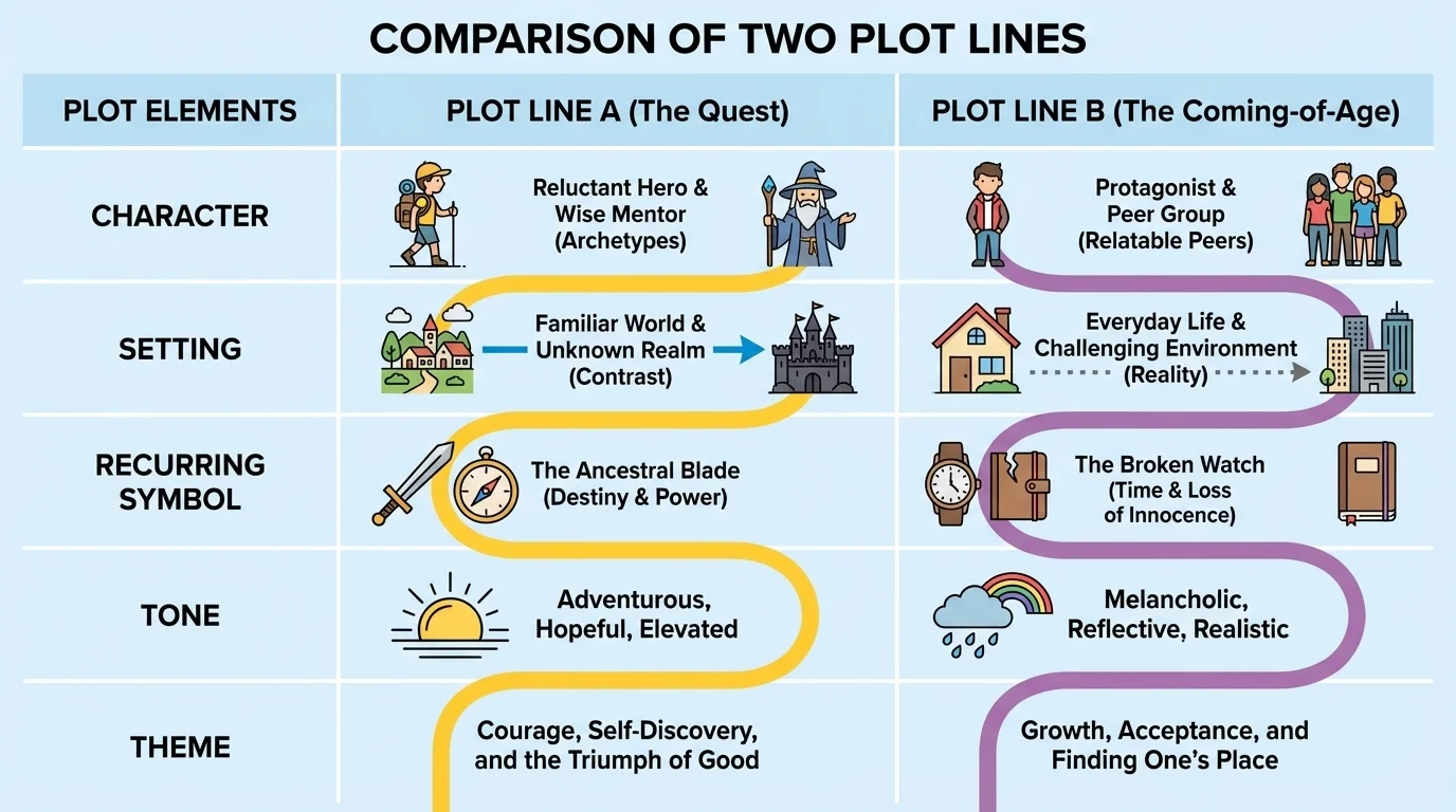 Comparison chart of two plot lines with rows for character, setting, recurring symbol, tone, and shared theme