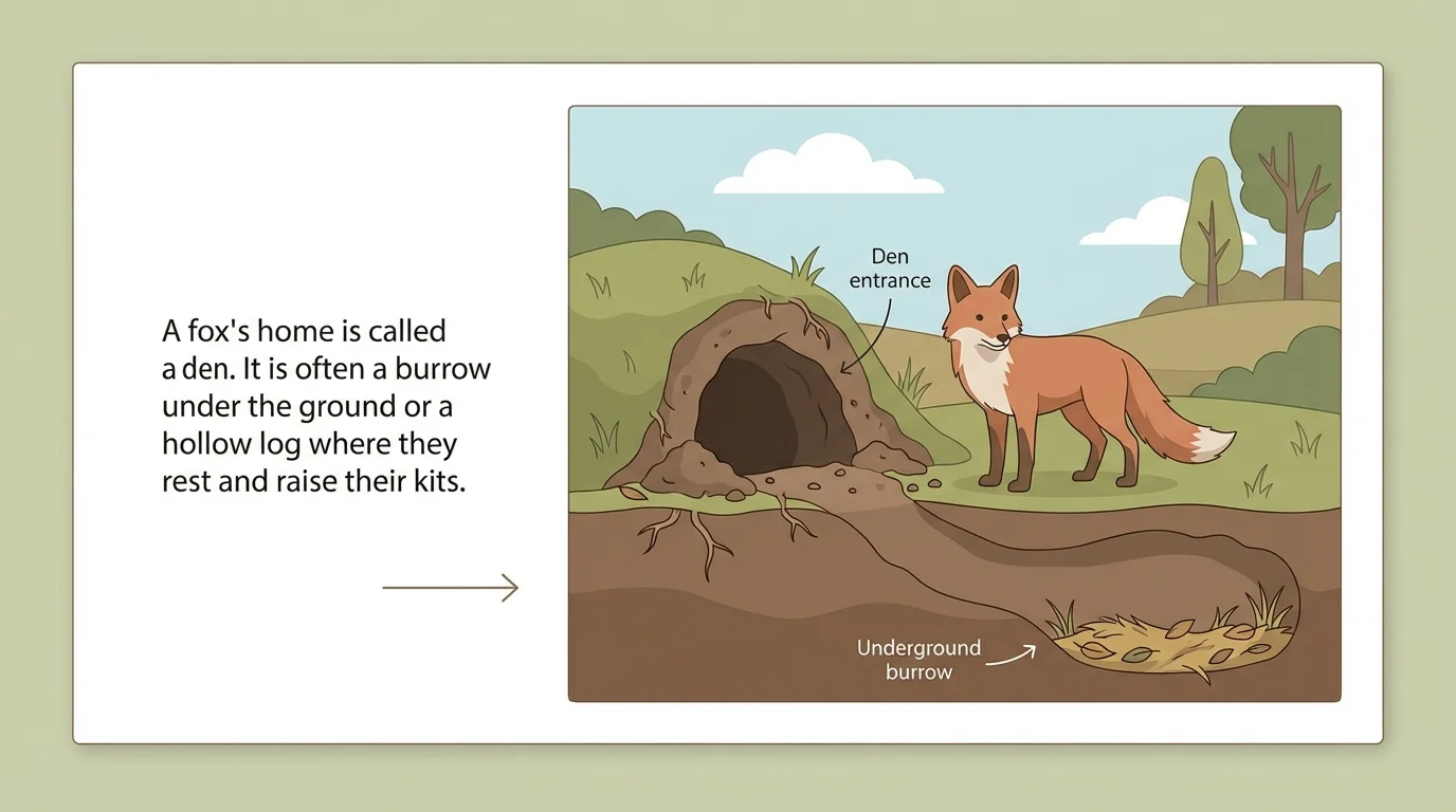 informational book page with a fox near a den, with short text about where a fox lives
