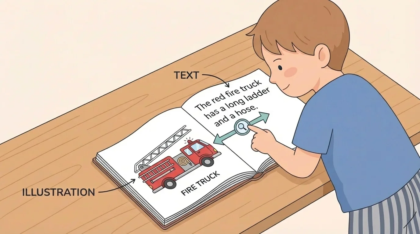 child looking at a book page showing a red fire truck with ladder and hose that matches the words