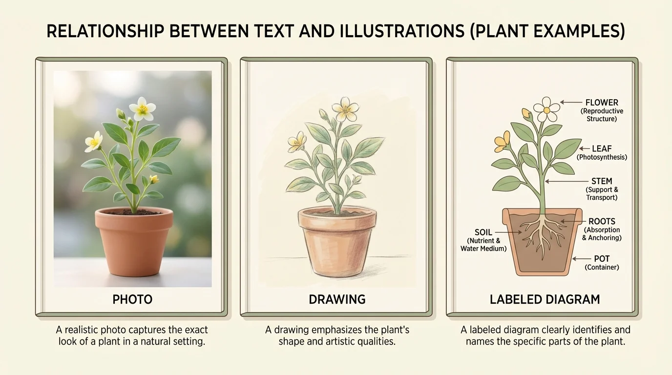 three side-by-side book visuals of a plant: photo, drawing, and labeled simple diagram