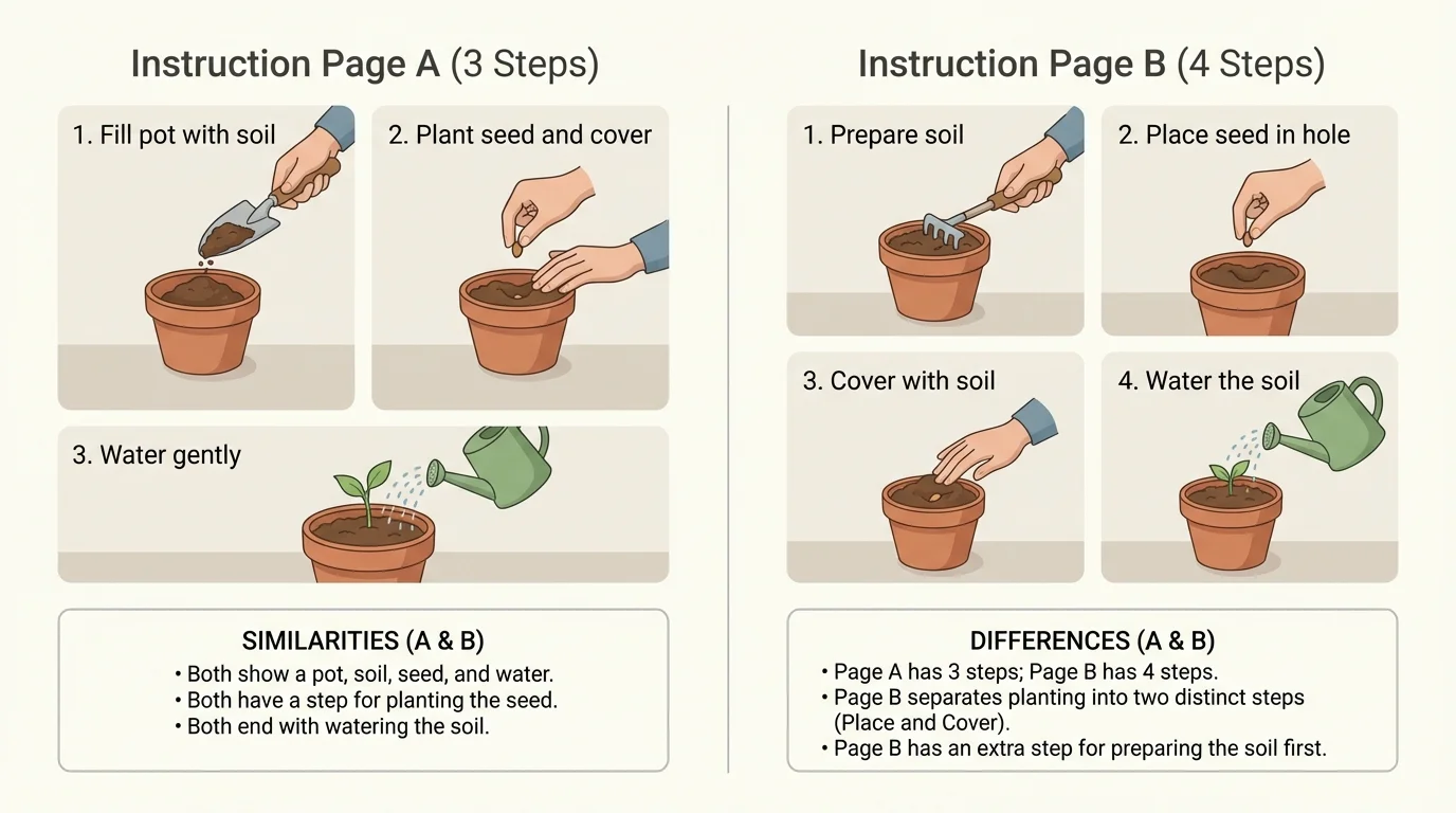 Comparison of two beginner planting-seed instruction pages, one with three picture steps and one with four picture steps