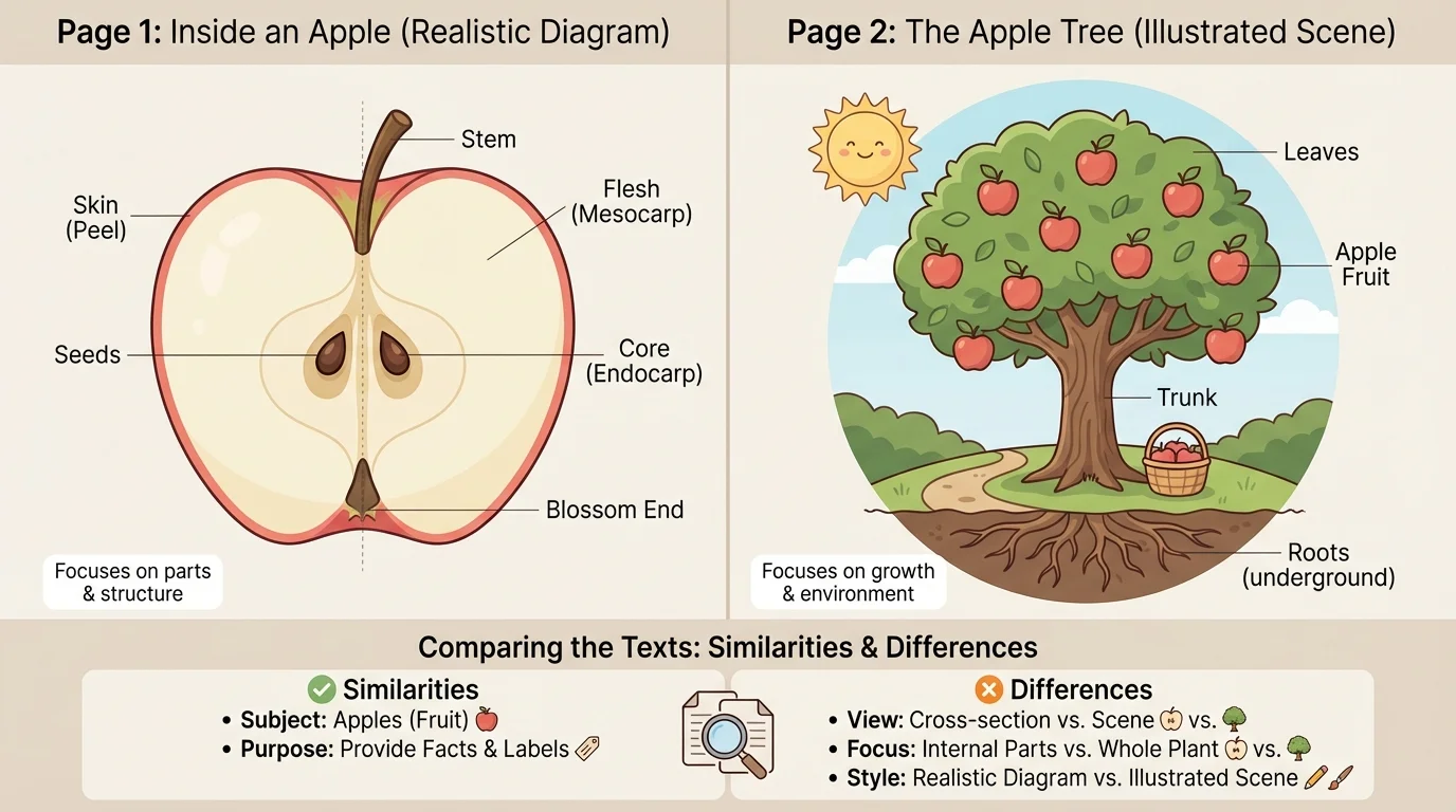 Side-by-side children's pages about apples, one realistic labeled picture and one cartoon apple tree scene