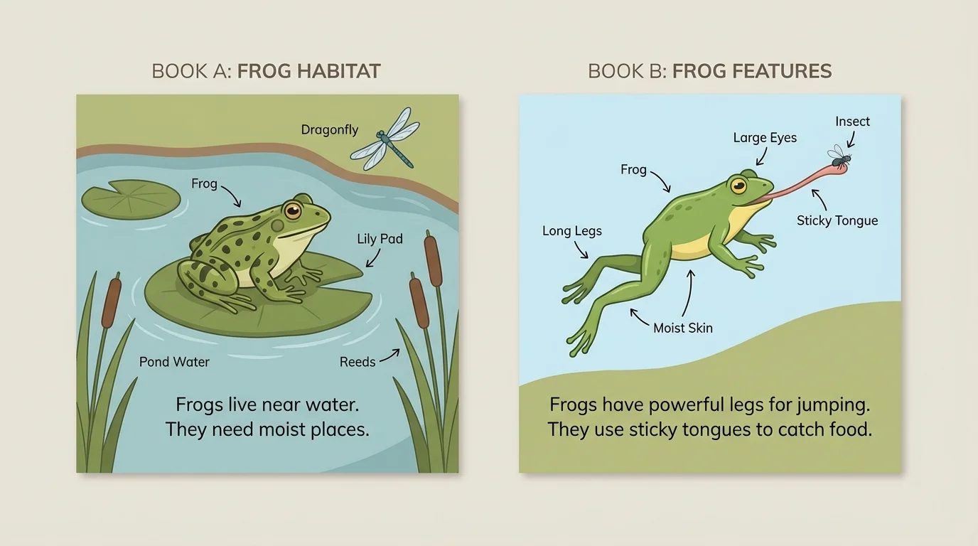 Two children's book pages about frogs, both showing green frogs near a pond with simple labels