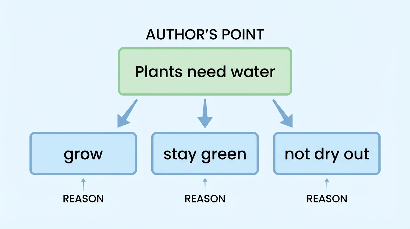 one top box labeled 'Plants need water' with three lower boxes labeled 'grow', 'stay green', and 'not dry out'