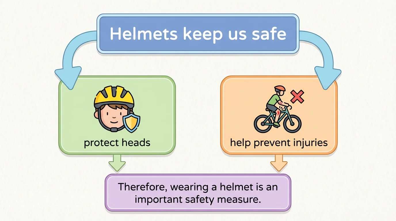 child-friendly nonfiction page with the point 'Helmets keep us safe' at the top and two supporting reason callouts showing 'protect heads' and 'help prevent injuries'