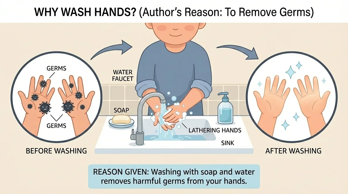 simple nonfiction page about washing hands with a child using soap and water, plus small labels showing germs and clean hands