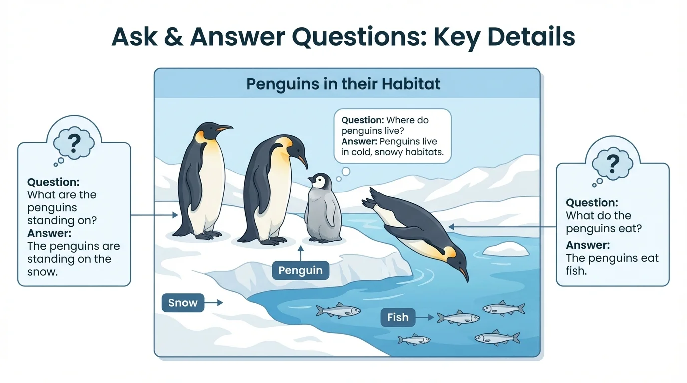 Informational page showing penguins, snow, and fish with labels that match the text details