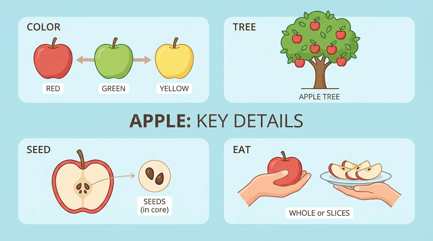 Simple informational page about apples with key details highlighted: color, tree, seed, eat