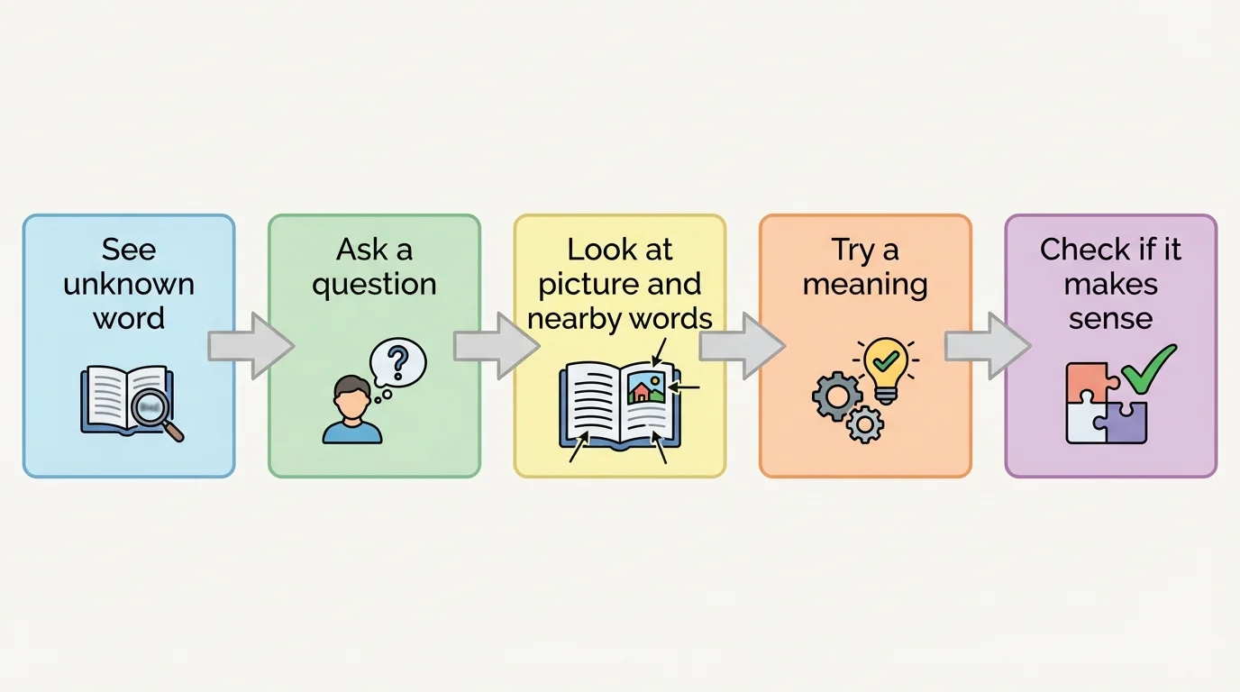 Simple reading strategy flowchart with boxes labeled See unknown word, Ask a question, Look at picture and nearby words, Try a meaning, Check if it makes sense