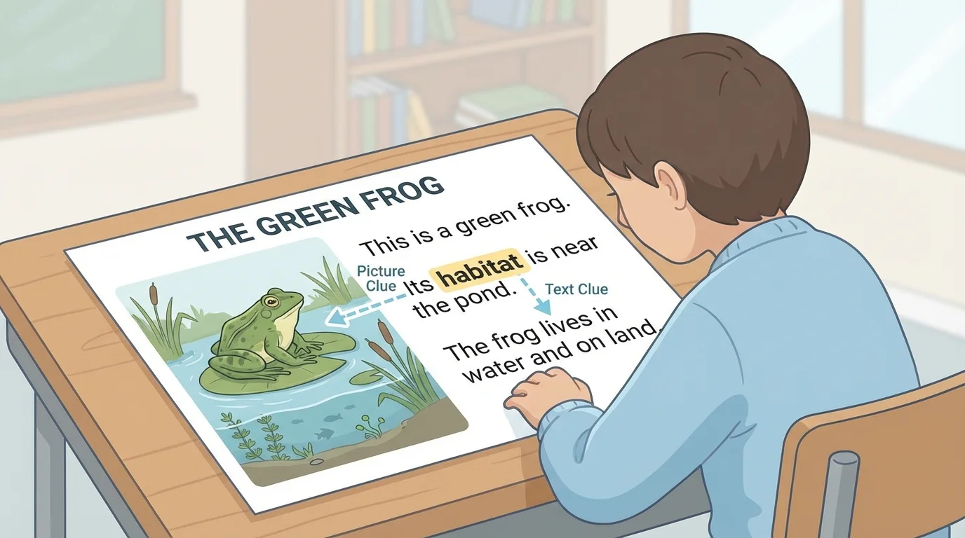 Child reading a simple animal information page with a frog by a pond, the word habitat highlighted, and arrows pointing to the picture and nearby sentence as clues
