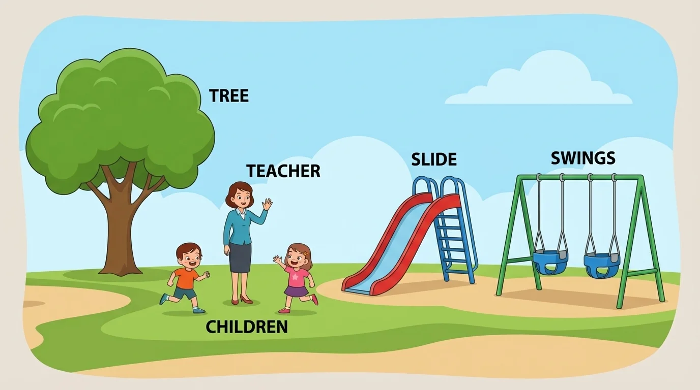 Familiar playground scene with slide, swings, tree, children running, and teacher waving