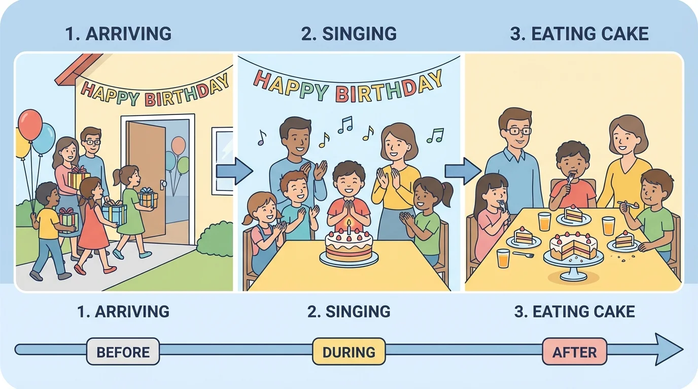 Three-part scene showing birthday party sequence: arriving, singing, eating cake