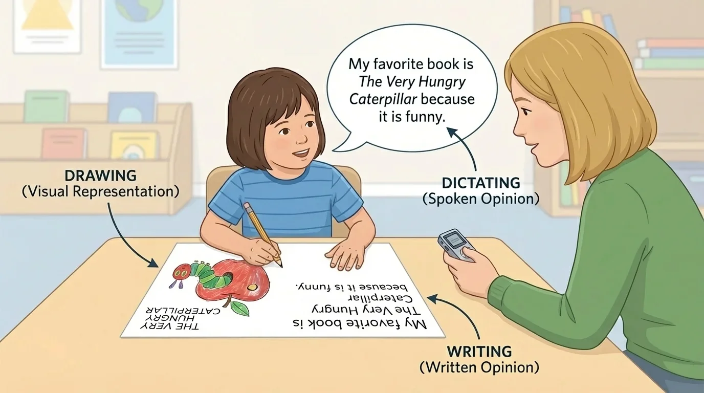 child creating an opinion piece with a drawing of a favorite book, speaking words to an adult, and writing a short sentence on the same page