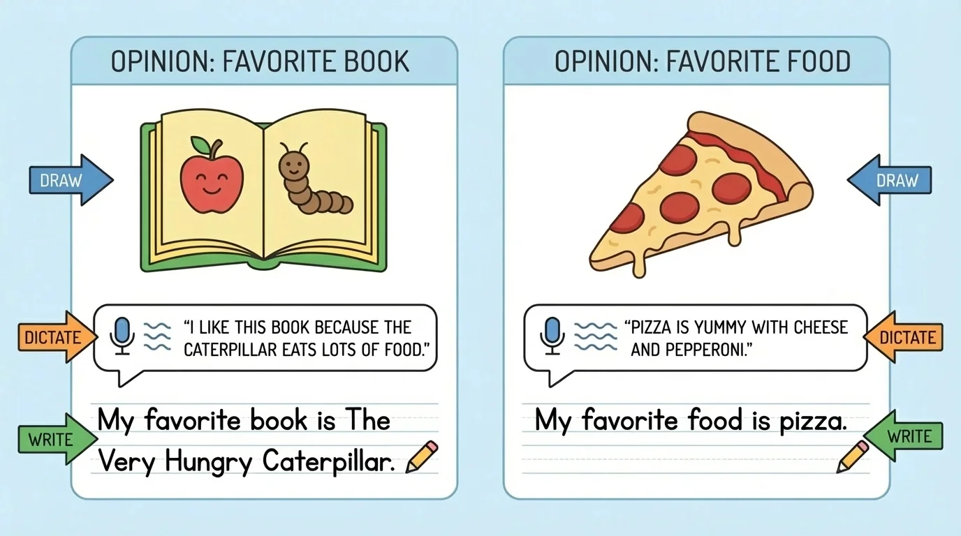 side-by-side sample opinion pages, one about a favorite book with a book drawing and one about a favorite food with a pizza drawing, each with a short opinion sentence