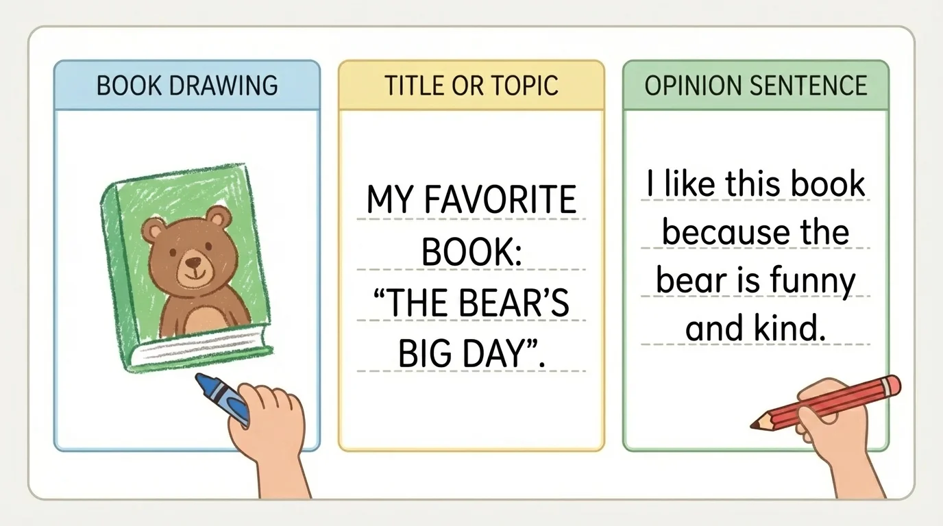 simple kindergarten opinion-writing page with three labeled parts: book drawing, title or topic label, and sentence saying a favorite book