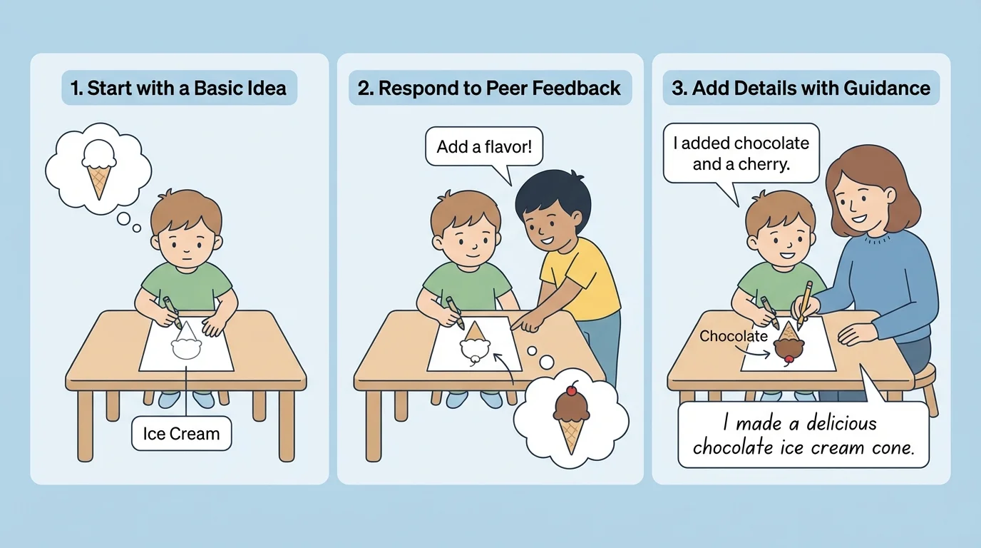 three-panel sequence showing child drawing ice cream, friend suggesting adding flavor detail, and child revising with brown scoop, label, and a dictated sentence