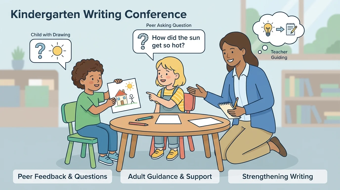 kindergarten writing conference with one child showing a drawing, another child asking a simple question, and a teacher gently guiding the conversation