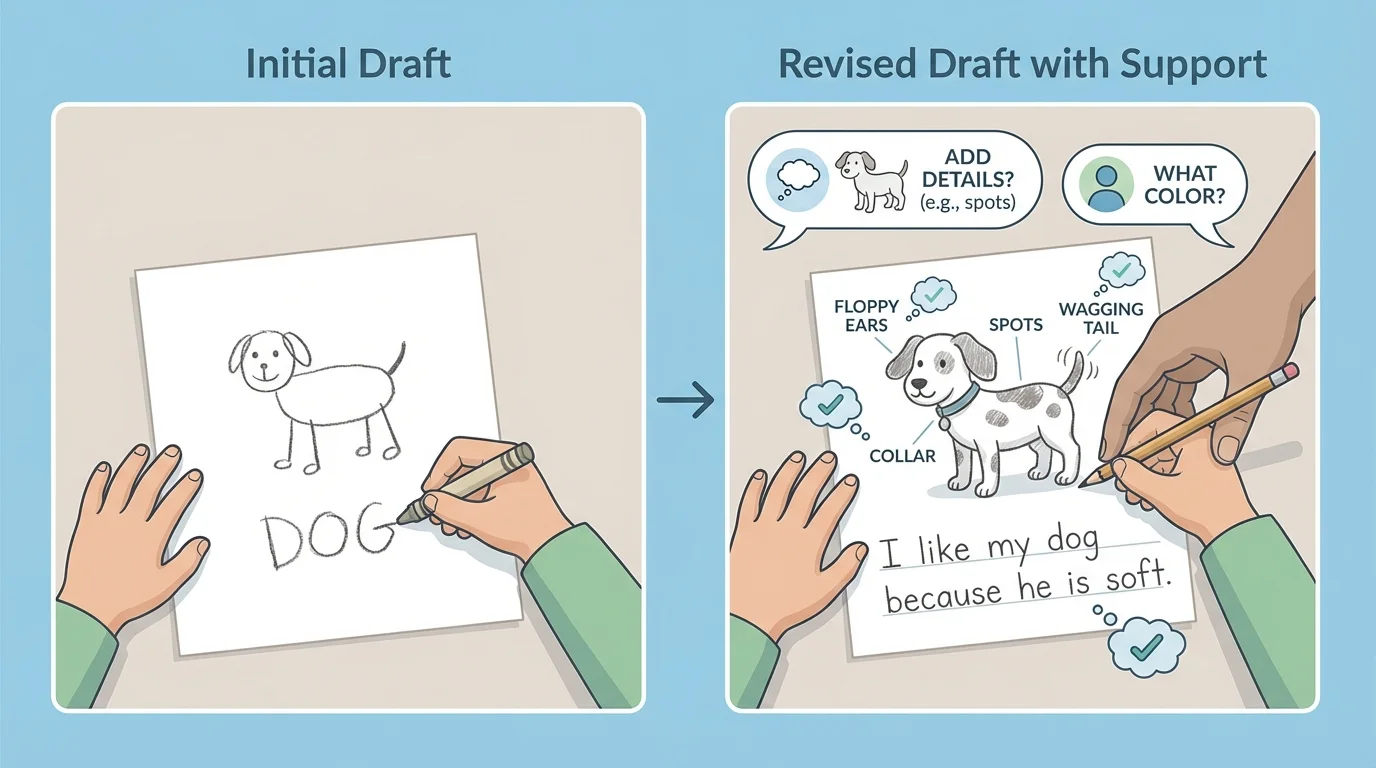 side-by-side child writing about a dog, first with a simple drawing and one label, second with added labels, more picture details, and a dictated opinion sentence
