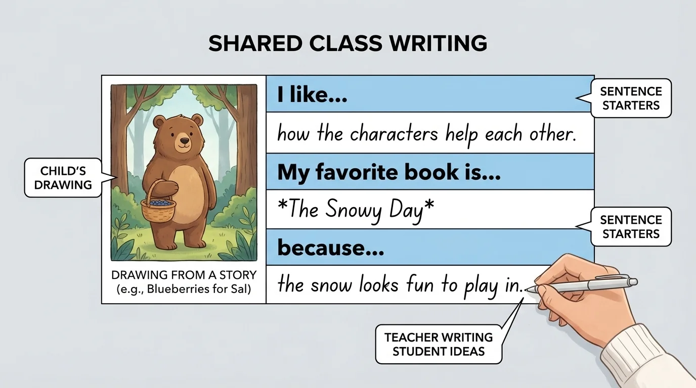 class shared-writing page with a child's drawing from a story, sentence starters such as I like..., My favorite book is..., because..., and a teacher writing student ideas
