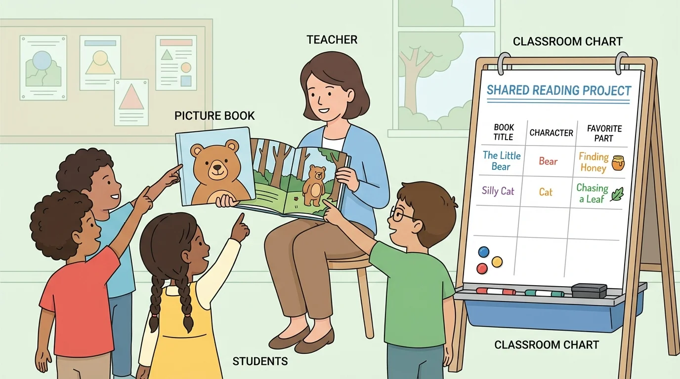 teacher reading a picture book aloud while children point to the cover, characters, and favorite scenes, with a nearby classroom chart labeled book title, character, favorite part
