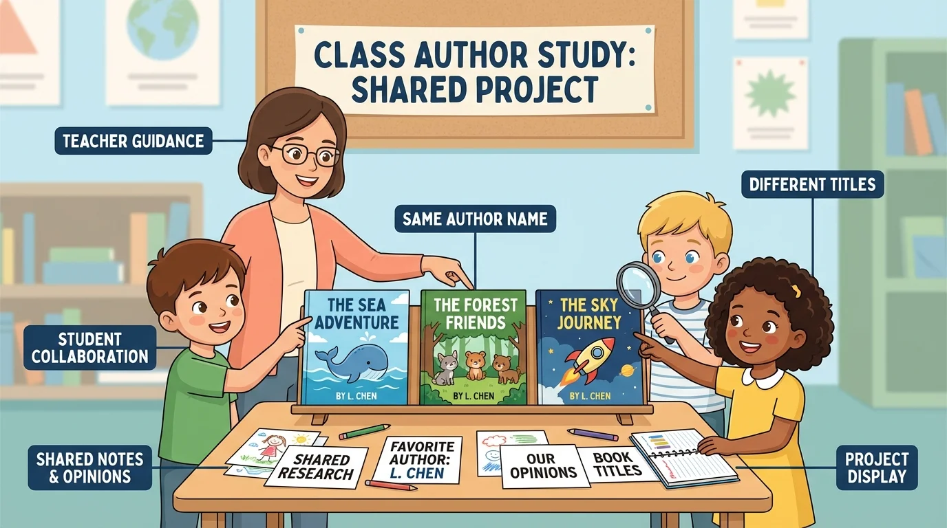 child-friendly display of three picture books by the same author, the same author name on each cover, teacher and children pointing out the matching name and different titles