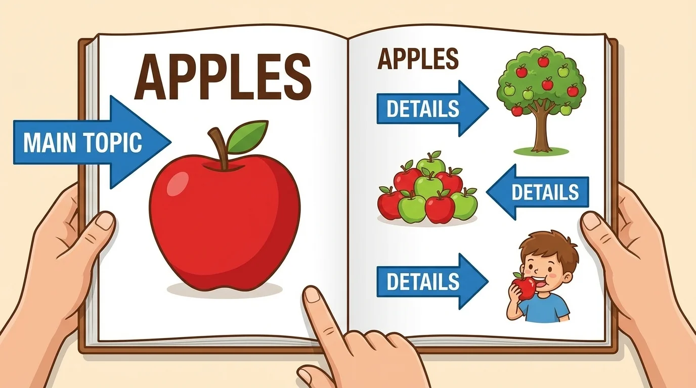 child reading a page about apples with pictures of apples on a tree, red and green apples, and a child eating an apple; one large label says main topic and smaller labels say details