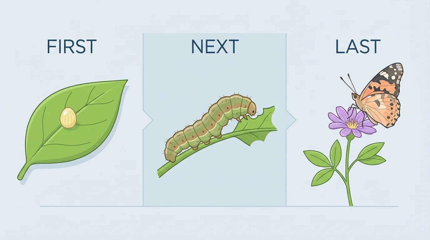 three-panel sequence of butterfly life cycle for retelling, showing egg on leaf, caterpillar, and butterfly with simple labels first, next, last